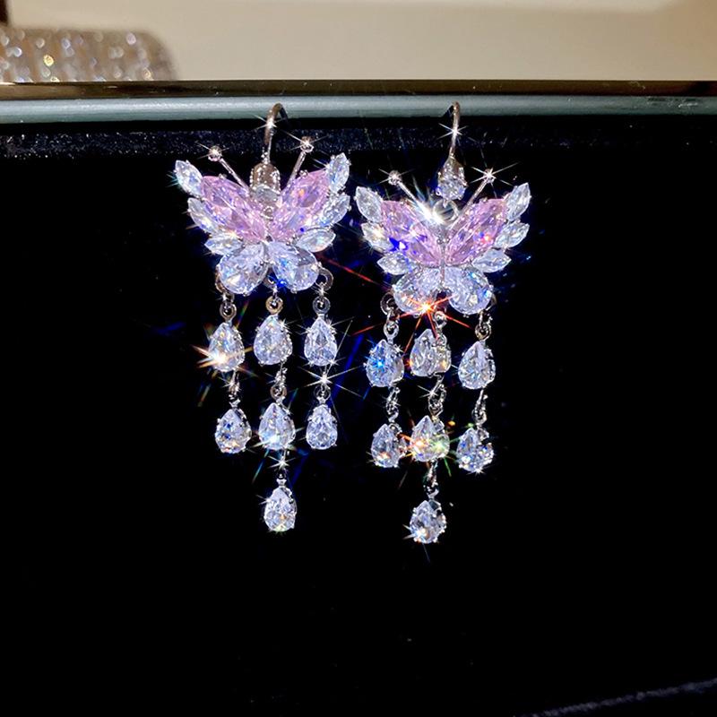 Silver Needle Pink Butterfly Zircon Cutout Stud Earrings - High-End Luxury Fashion Jewelry
