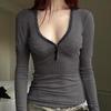 New American Style V-Neck Casual Solid Color Button Patchwork Slimming T-shirt for Spring & Summer