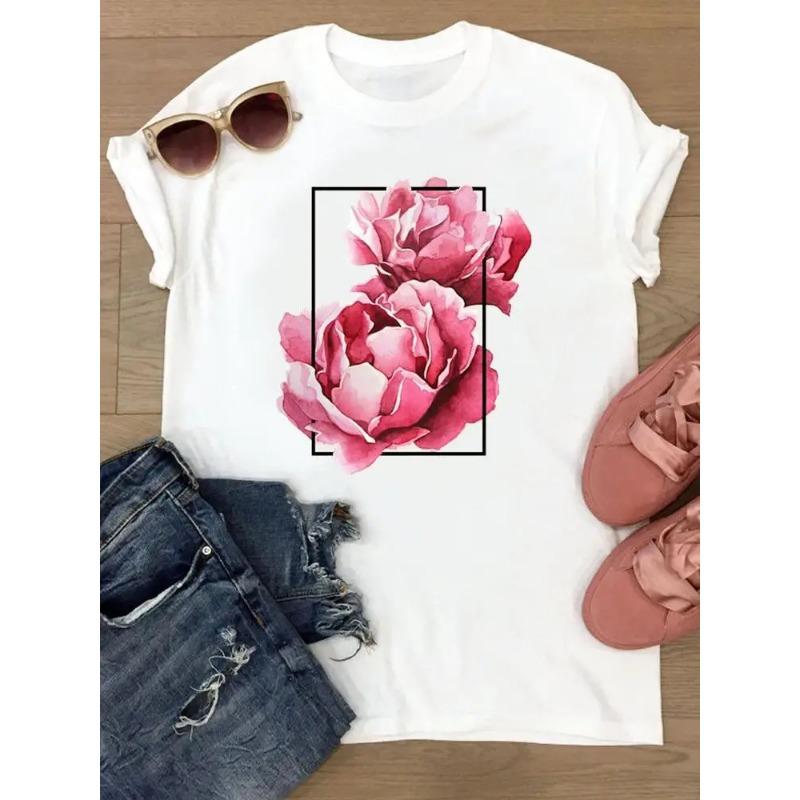 Tshirts Womens Flower Trend Cute Short Sleeve Summer Female Graphic Tee Clothes Watercolor Print TClothing Ladies So Fashion