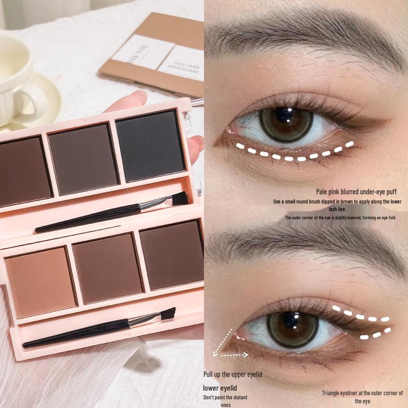 Baozhilan Tri-Color Eyebrow & Blush Palette with Brush - Natural Look, Nose Shadow, Highlight & Contour for Beginners, Easy Application.
