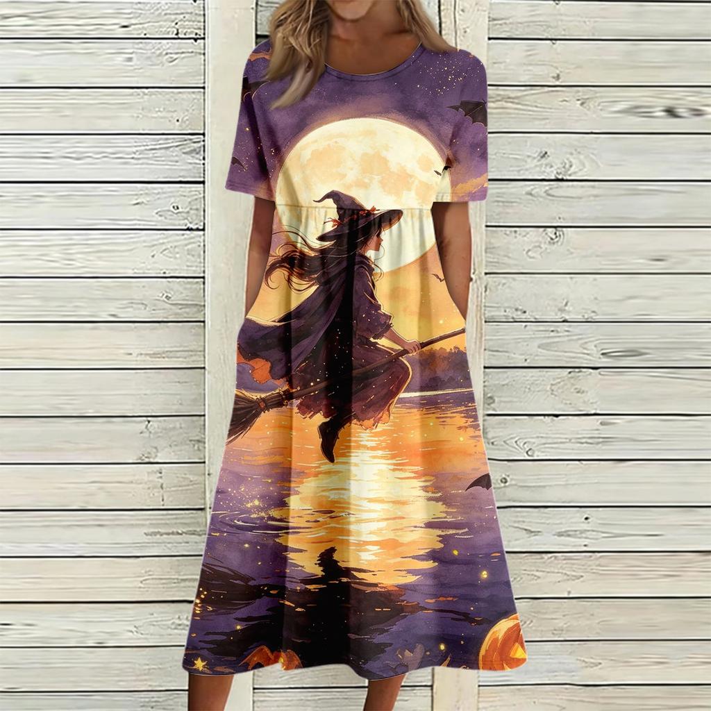 Women's Casual Round Neck Dress with Halloween Print and Pockets