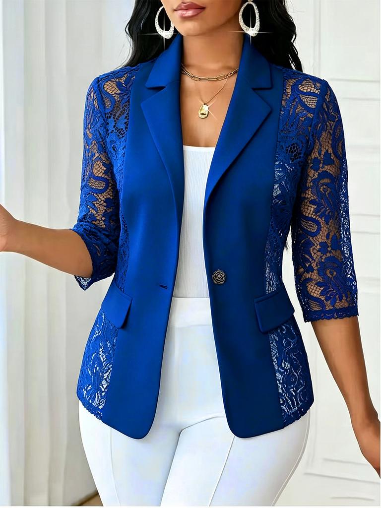 Women's Lapel Three‑Quarter Sleeve Blazer Slim Fit Elegant Lace Splicing Single Button Jacket