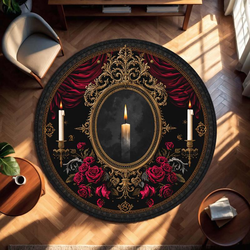 Gothic Raven Crystal Ball Crimson Rose Occult Graphics Circle Rug,Living Room Sofa Chair,Hallway,Bedroom Indoor Decor Rug Gift