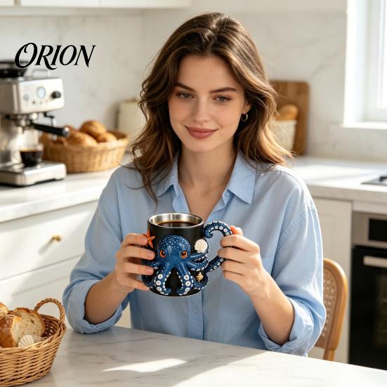 Novedad Utensilios de Cocina para Bebidas Taza de Pulpo con Asa, Diseño de Relieve de Profundidad Resina Acero Inoxidable Revestimiento Seguro Taza de Café, Taza de Beber Termoaislante para
