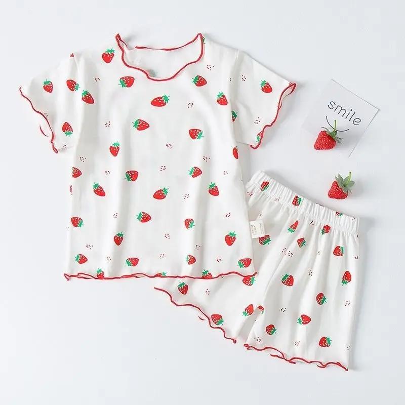 Girls Summer Pajama Set Strawberry Print Shorts Pink Peaches Tee Baby Cool Comfort Homewears Soft Breathable Sleepsuits for Play