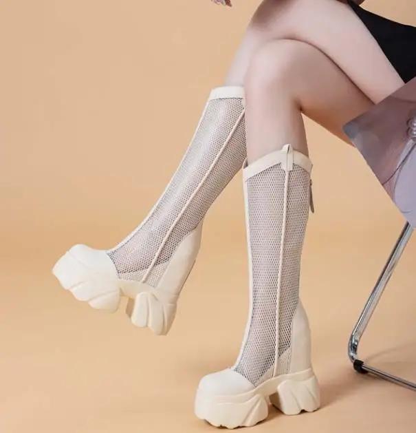 Fashion Hot Quality 11CM Air Mesh Ankle Boots Microfiber Leather Summer Fashion Shoes Knee High Boots Platform Wedge Flats Sandals Women