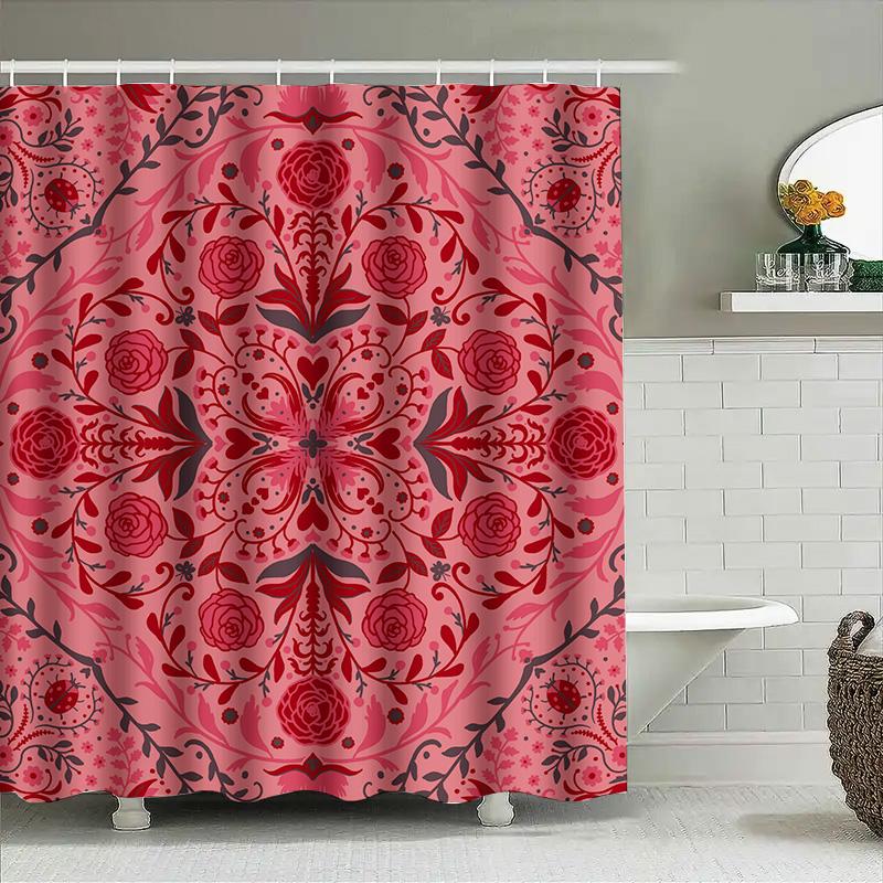 Red Floral Shower Curtain With Ladybug Pattern Waterproof Bathroom Decoration For Home Decor Kitchen Linen