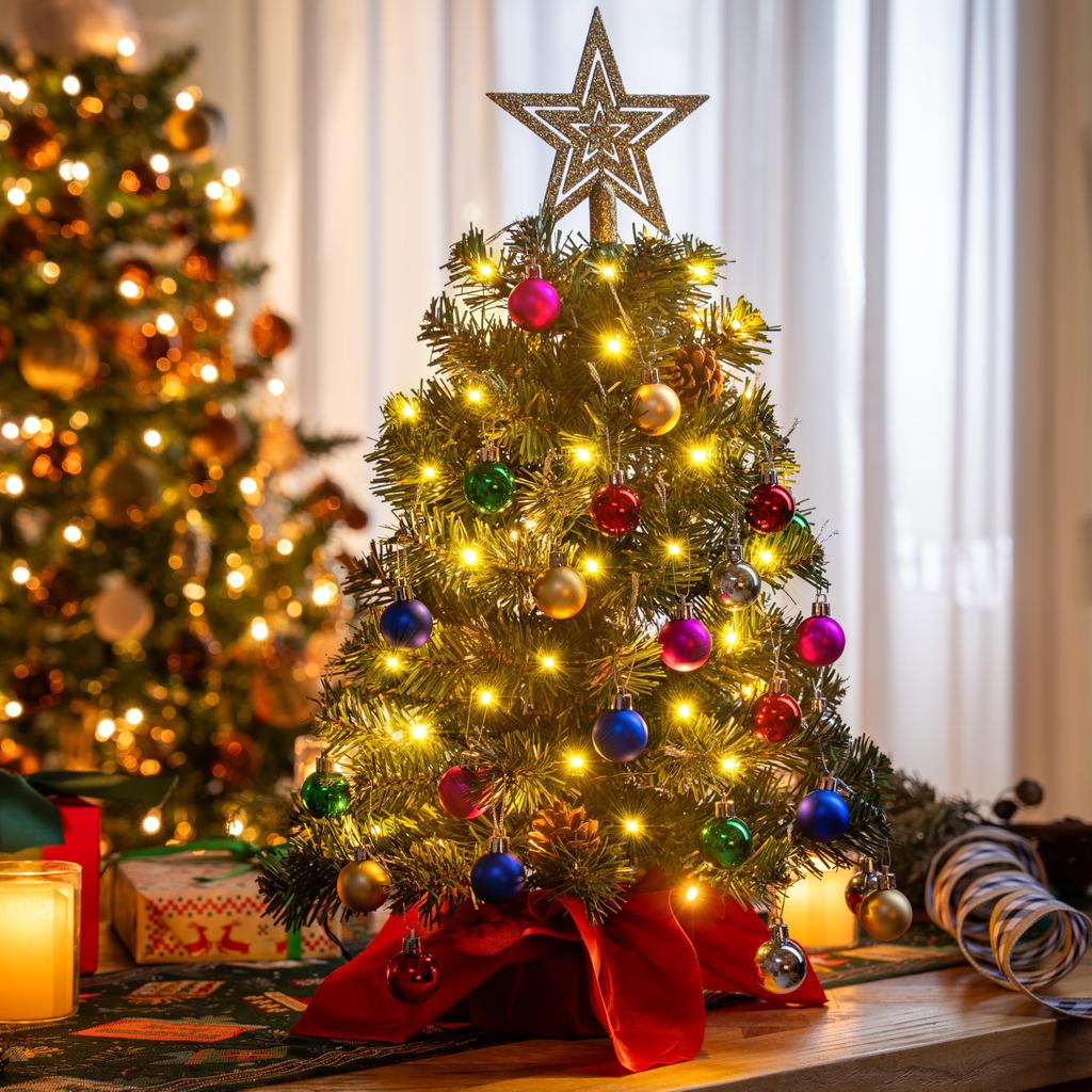 Joyfy 24 Inch Mini Christmas Tree with Lights Prelit Artificial Christmas Tree with Decorations Holly Berries Pine Cone Light Up