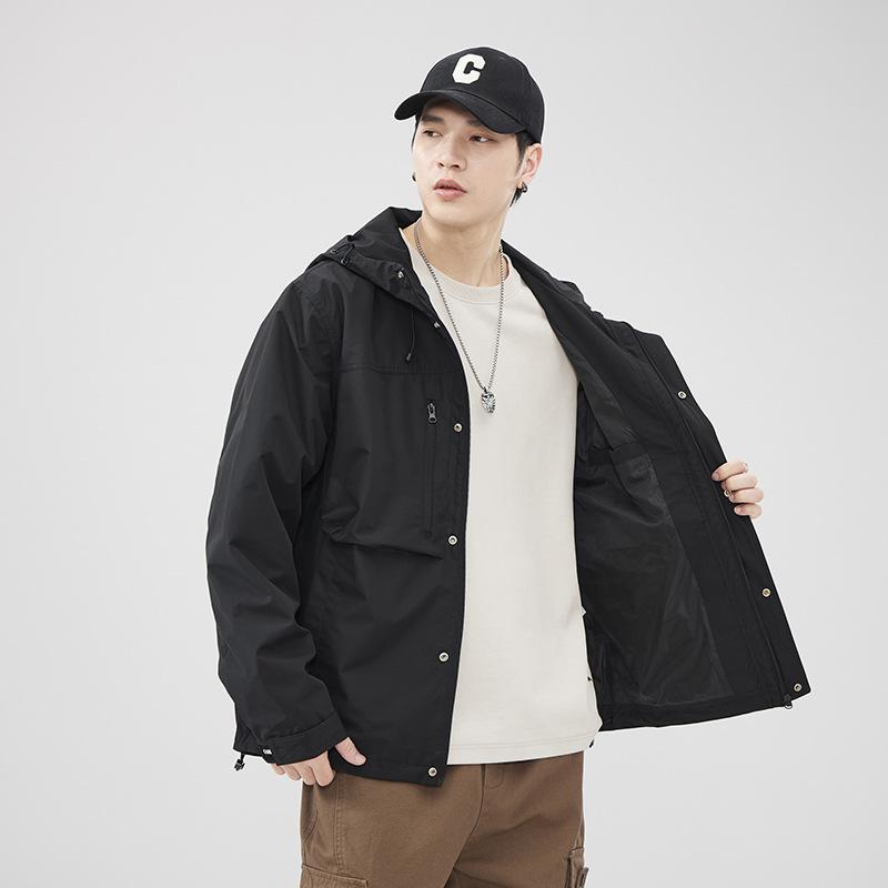 Black Tooling Jacket Men'S Loose Large Size Outdoor Windproof Hooded Splicing Casual Jacket Trendy Brand