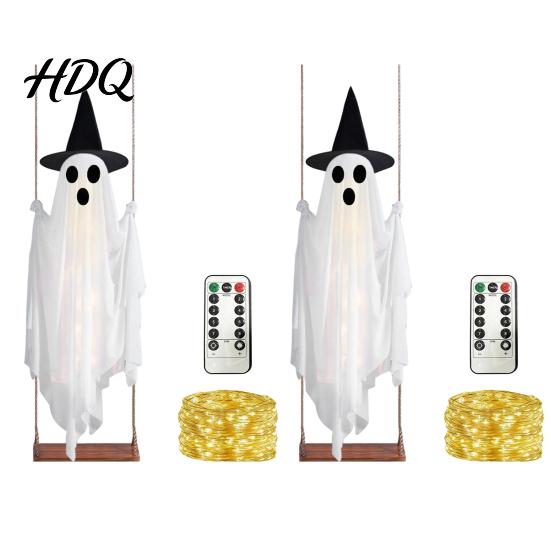 Gruseliger LED-Geist für den Garten Leuchtende Halloween-Hängeschaukel mit Hexenhut, Fernbedienung Einstellbar Langlebige Stoffdekoration Helligkeit, Fliegend