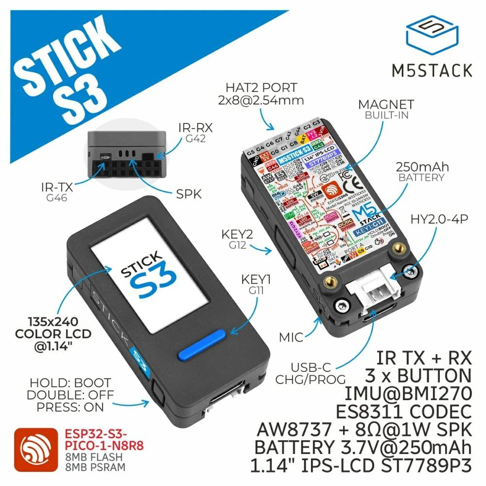 M5Stack StickS3 StickC PLUS2 Uppgraderad Version ESP32-S3 8MB Programmerbar Styrenhet BT WiFi för IoT-projektutveckling I lager