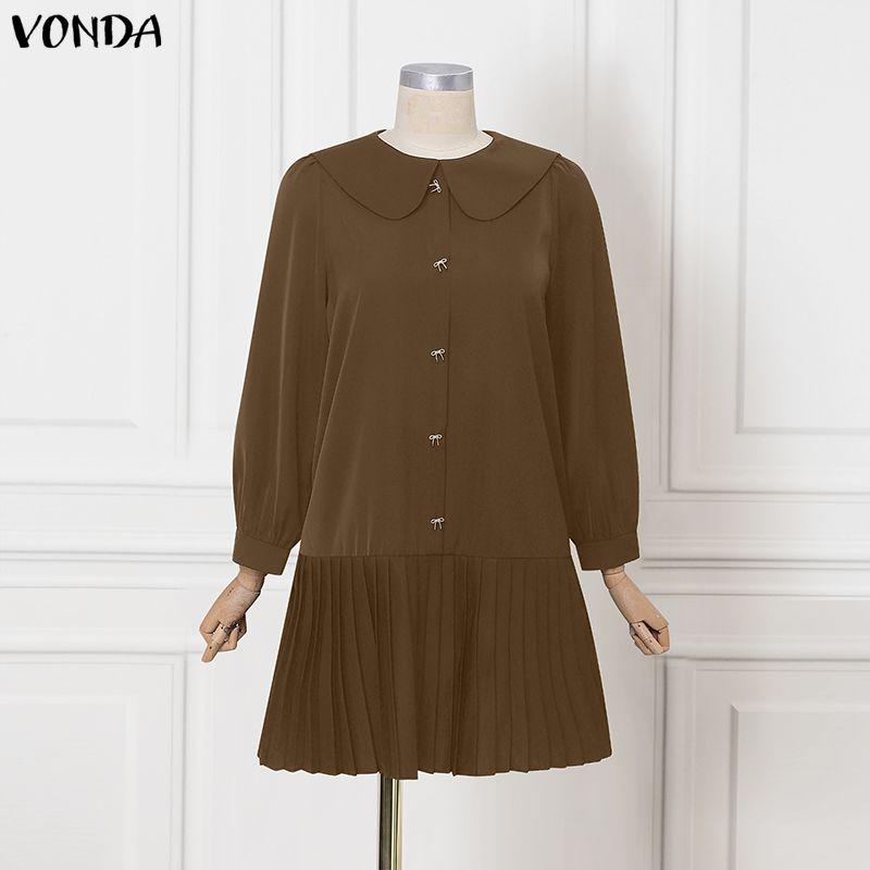 

VONDA Women Doll Collar Long Sleeve Casual Ruffled Mini Dress 5XL коричневий