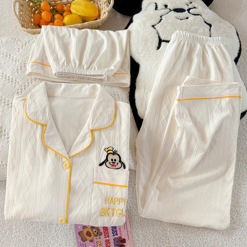 High-value solid color puppy imitation cotton jacquard simple pajamas women's short-sleeved three-piece loungewear
