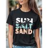Camiseta Preta Tropical de Praia Feminina com Estampa de Sol Sal Areia - Top Casual de Manga Curta com Gola Redonda
