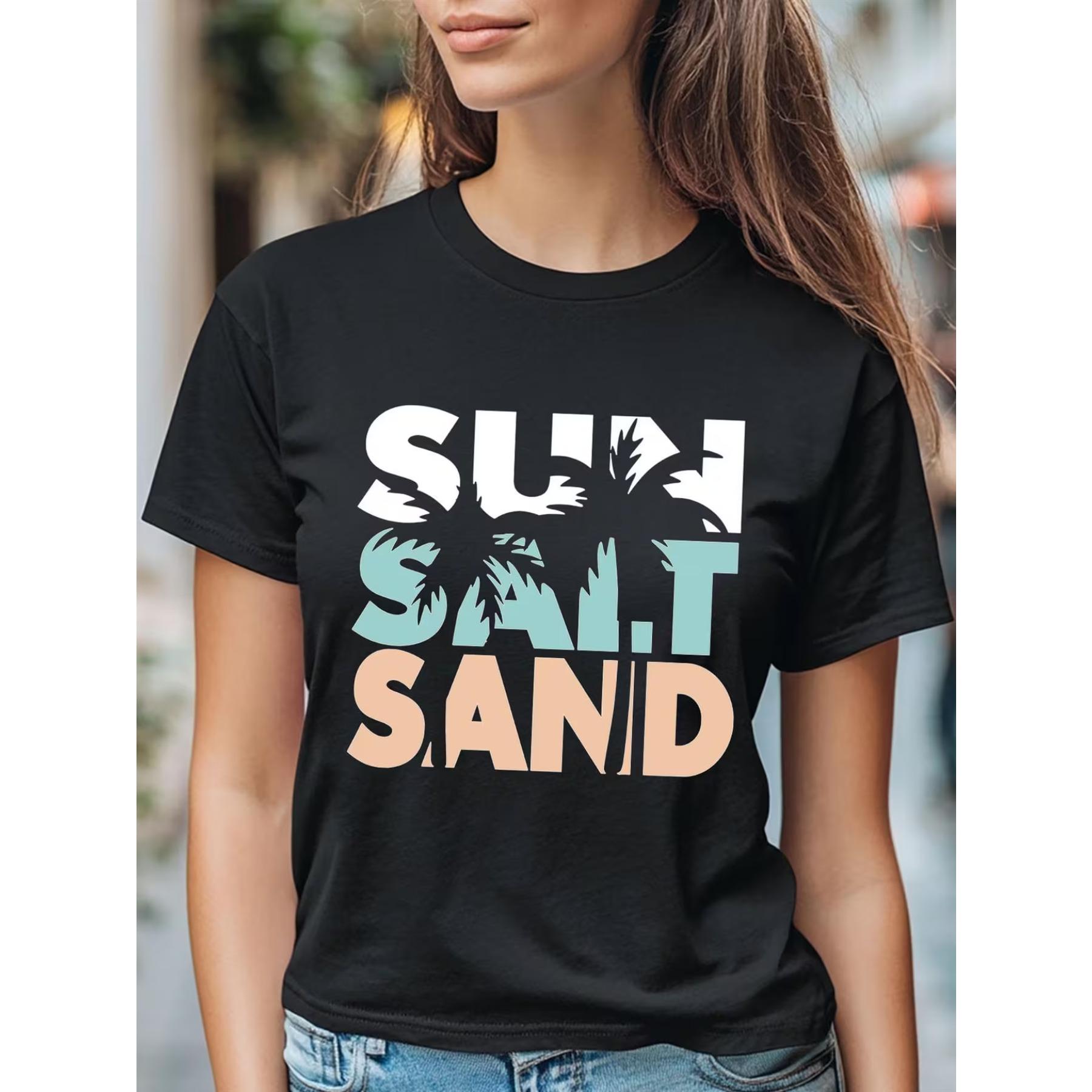 

Women s Black Tropical Beach T-Shirt with Sun Salt Sand Graphics -Casual Round Neck Short Sleeve Top XXL