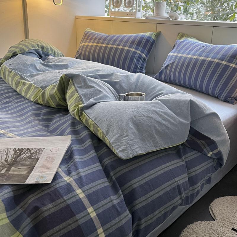 New Pure Cotton and Linen Double Yarn Four-piece Set Striped Print Single and Double Bed Sheets Bedding