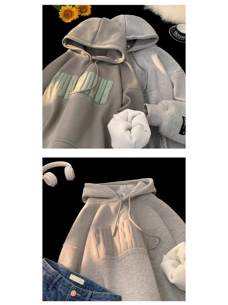 Unisex American-Style Heavyweight Hooded Sweatshirt - Men's Winter Loose Fit Casual Foam Print Top