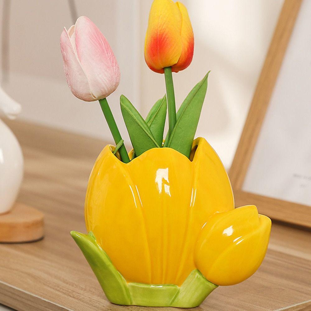Retro Tulip Flower Pen Holder Ceramic Stationery Shelf Makeup Brush Storage Bucket  Girl