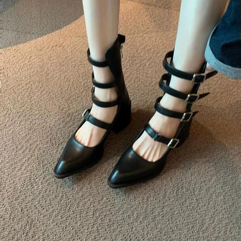 fashion Hot Selling Women's Shoes 2024 Summer Pointed Toe Solid Color Women's High Heels Fashion Buckle Square Heel Casual High Heels
