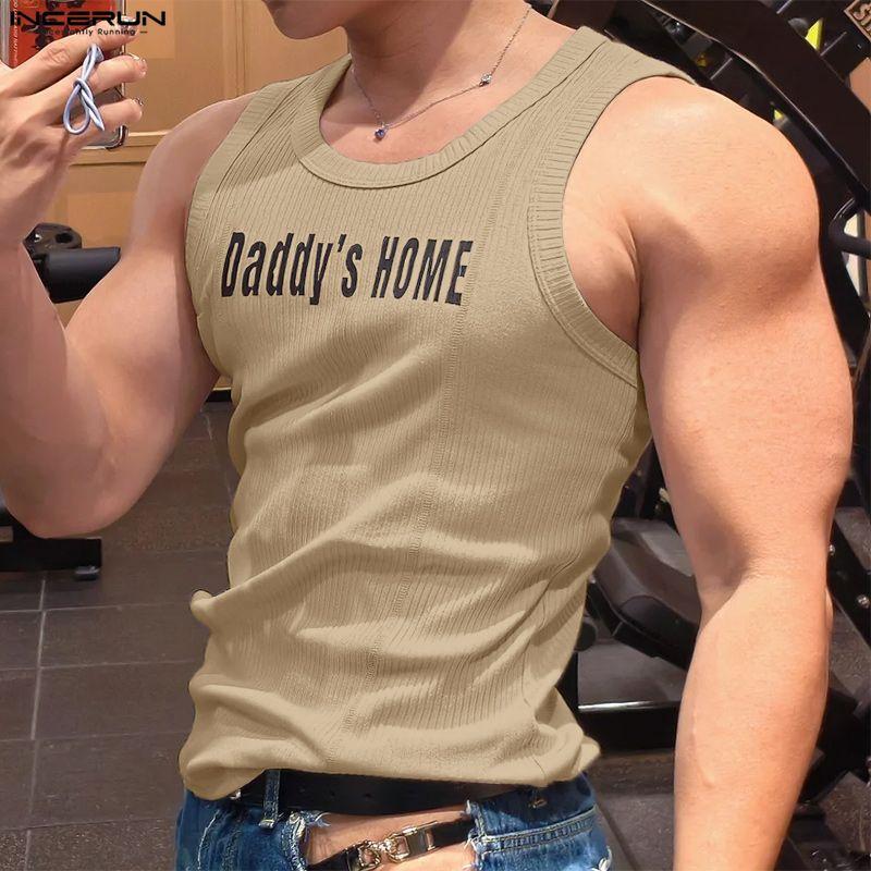INCERUN Summer Men Sleeveless Print Ribbed Casual Sport Tank Tops Vest