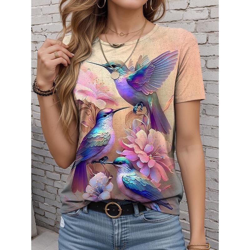 Women s T-shirt - Summer Hummingbird Pattern Short Sleeve Fashion Style Printed T-shirt for Casual Wear XL
