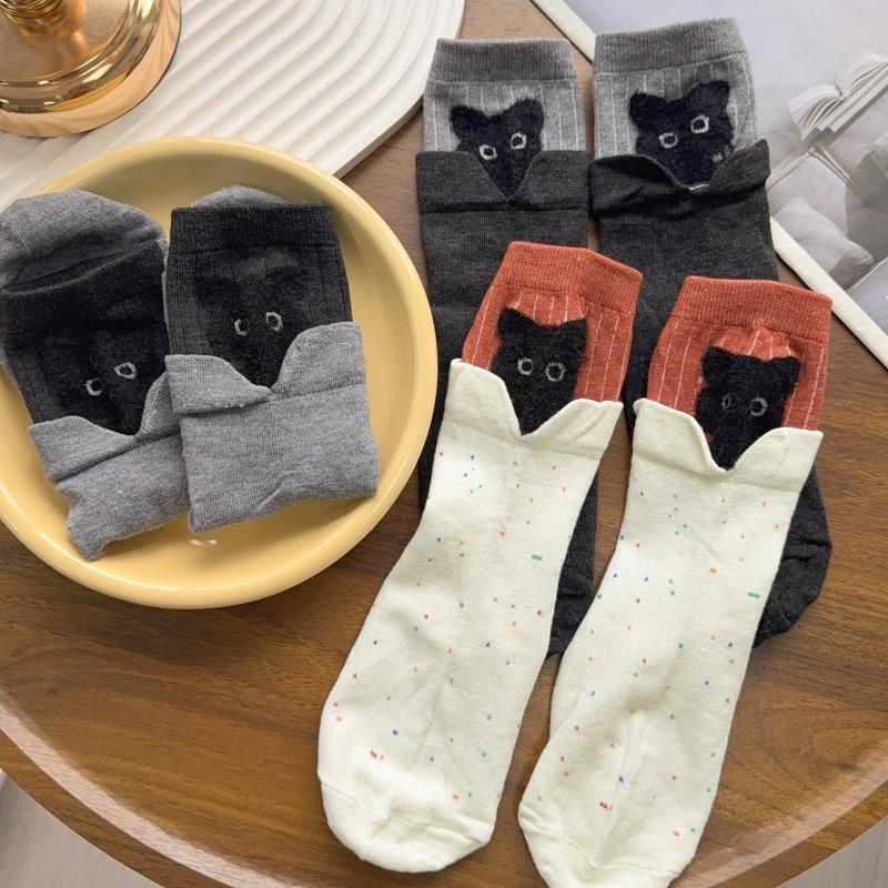 2026 Korean Cute Cartoon Kitten Mid-tube Socks Women's Autumn Winter Warm Stacking Socks Kawaii Cat Print Cotton Soft Long Sock