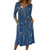 Women's Fashionable Color Printed Round Neck 3/4 Sleeve Button Collar Mid Length Casual Dress