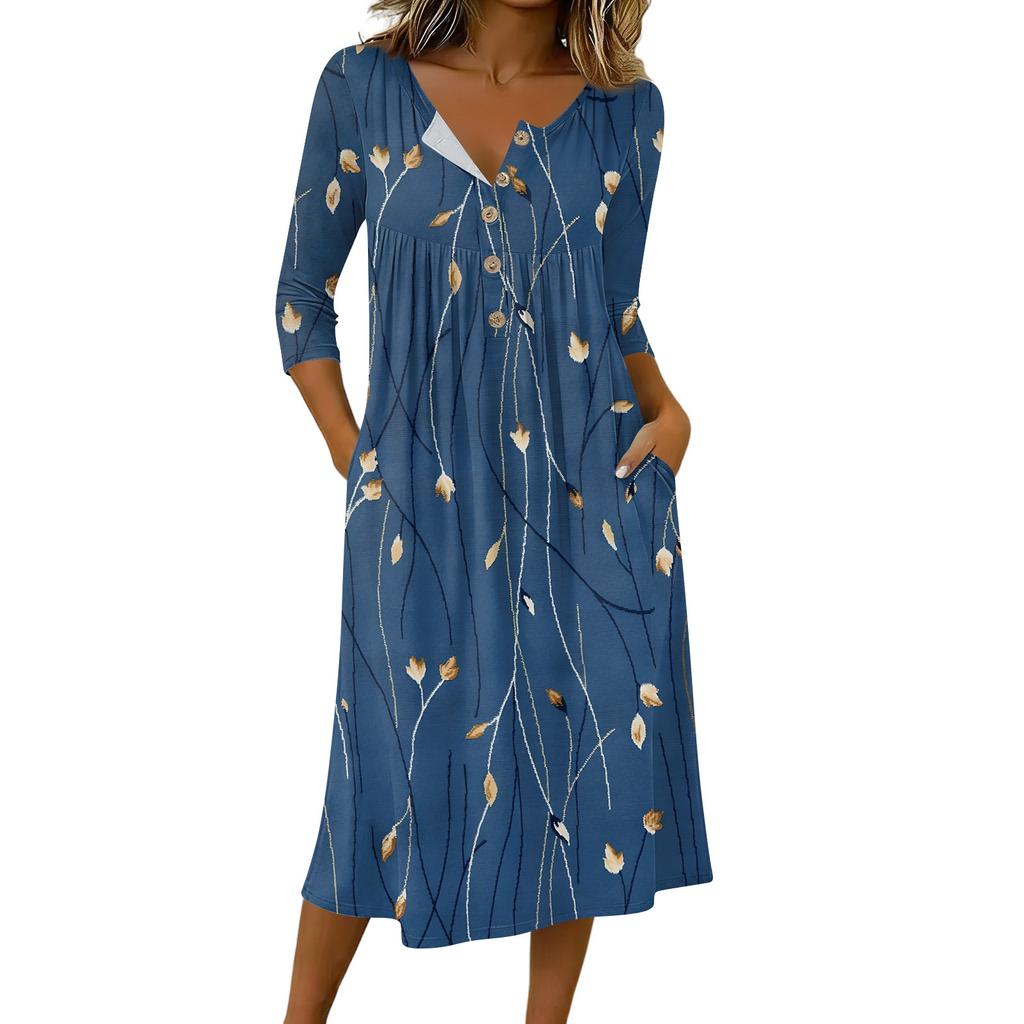 Women's Fashionable Color Printed Round Neck 3/4 Sleeve Button Collar Mid Length Casual Dress