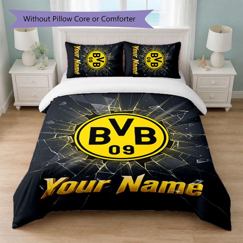 Borussia Dortmund Benutzerdefinierter Name Text Bettwäsche-Set 1 Bettbezug+2 Kissenbezüge Fußball-Logo Personalisierte Geschenkidee für besonderen Anlass Schlafzimmerdekoration