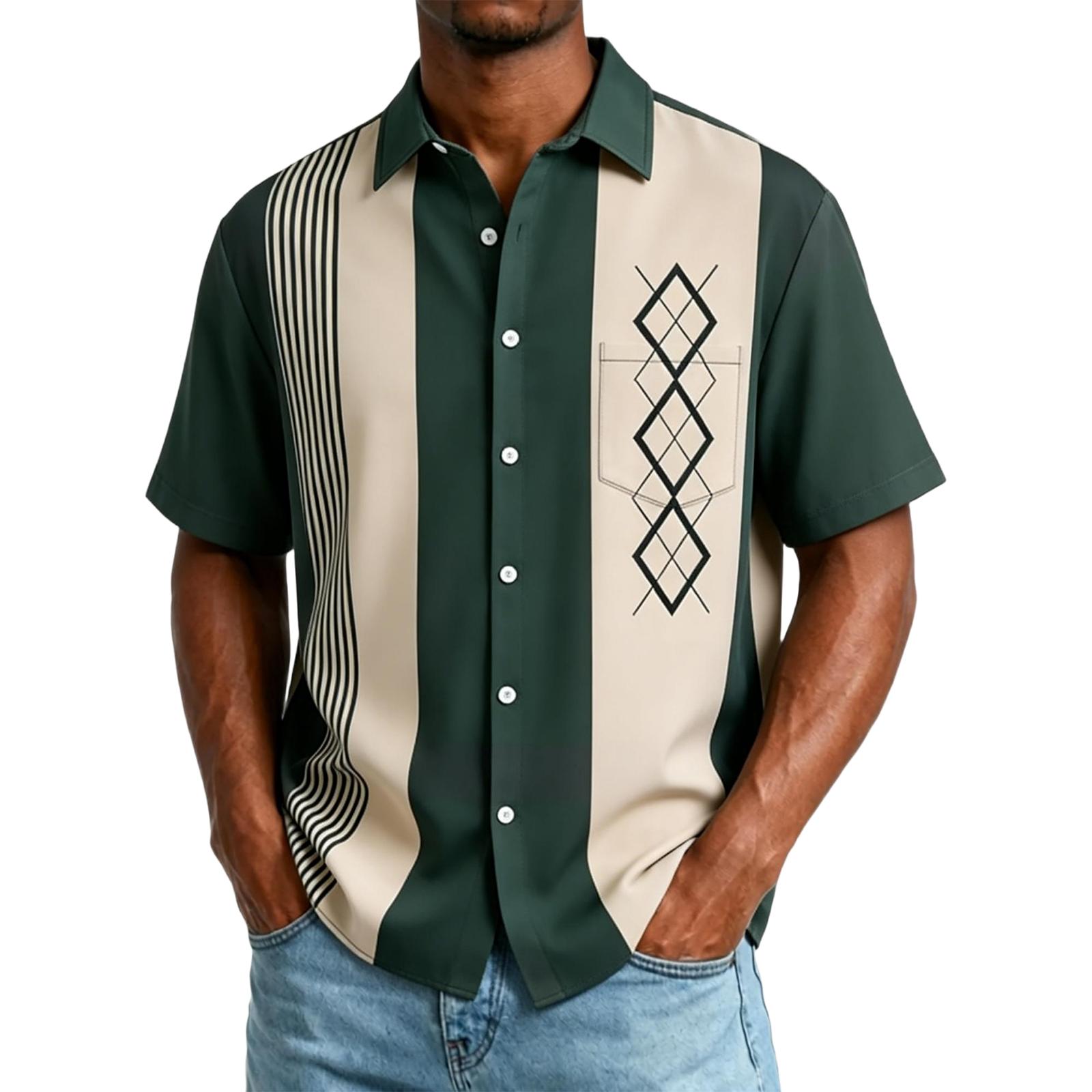 Men s Short Sleeve Button Down Shirt Casual Fit Vertical Stripe Print Lapel Collar Lightweight Top XXL
