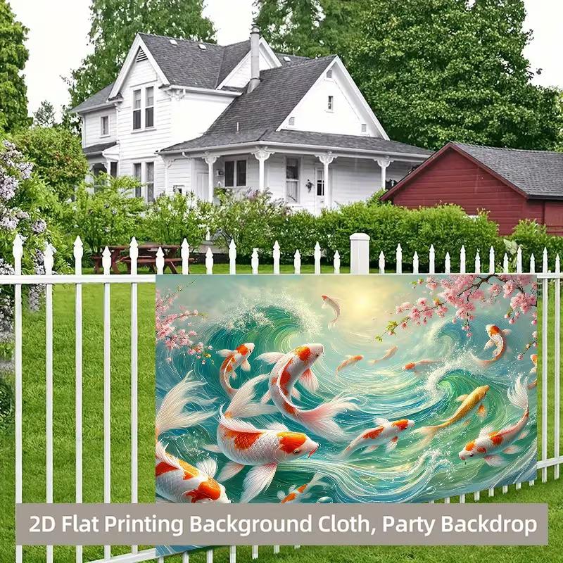 2D Printed Lucky Koi Backdrop Sakura Flowers Turquoise Water Party Photo Booth Background