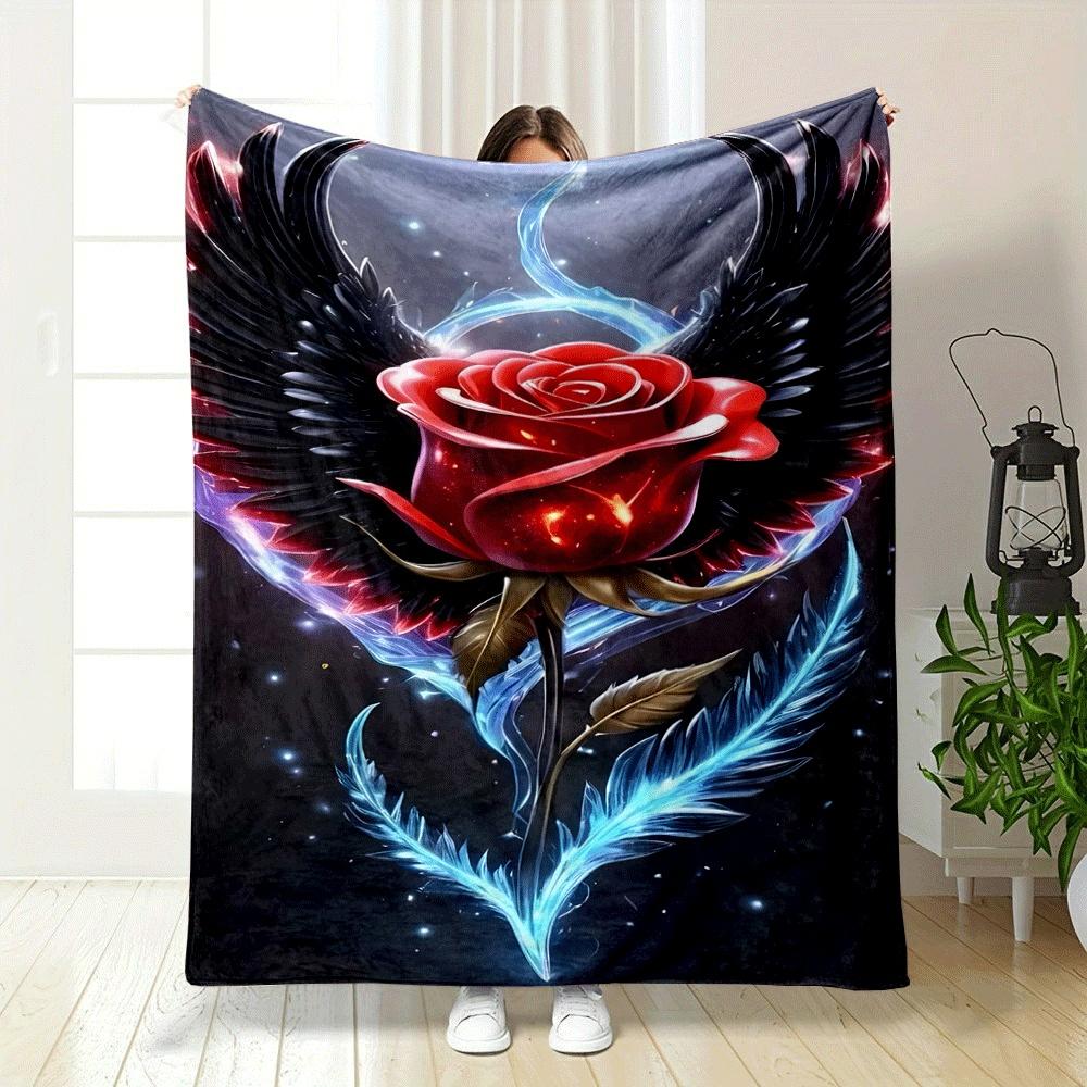 A Glowing Red Rose with Black Wings and Blue, Fiery Feather Accents. for All Seasons Blanket Lunch Break Throw Gift