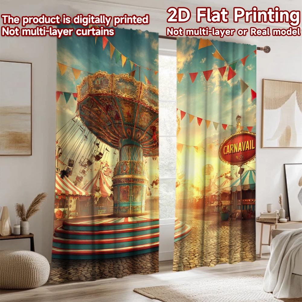 2D flat printing 2pcs Window Curtains Carnival Swing Ride Sunny Day Digital Printed Polyester Drapes Birthday Party Use for
