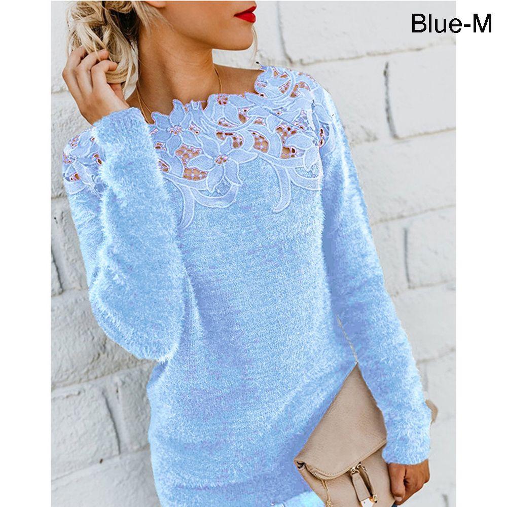 Women Fashion Lace Warm Plus Size Sttiching Tops Plush Pullovers Jumpers Knitted Sweater