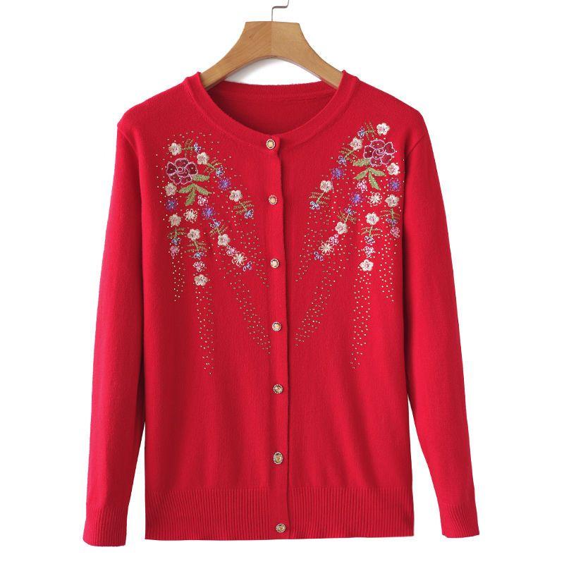 Women's Round Neck Embroidered Knit Cardigan Spring Autumn Rhinestone Loose-Fit Cardigan Sweater