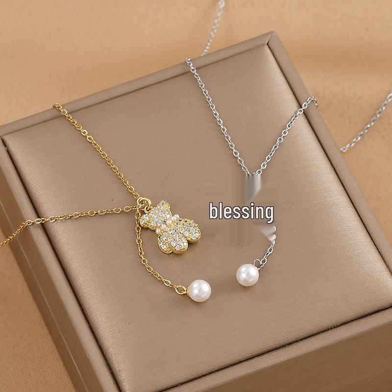 2023 Women's Niche Zircon Bear Necklace: Tassel Pearl Clavicle Choker