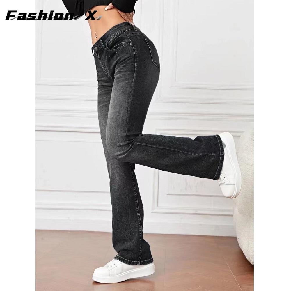 Women's Long Casual Denim Trousers Women's Stretch Jeans Straight Legs