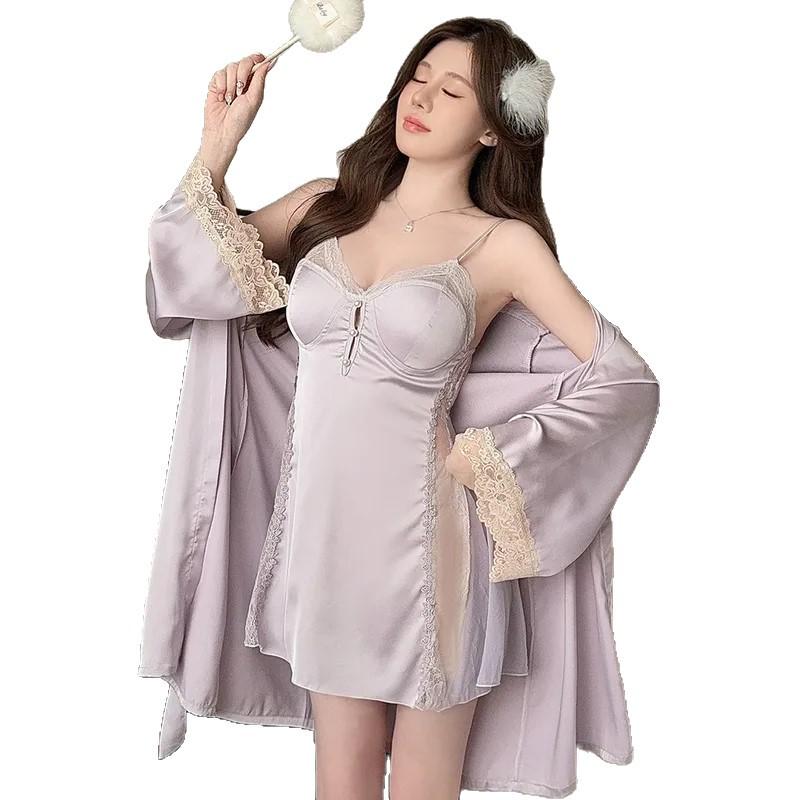 Damen Sommer Französisches Eis Seide Spitze Nachthemd mit Brustpolstern - Zweiteiliges Homewear Set