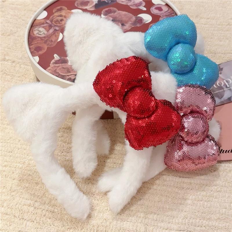 Super Cute Niche Hair Band Casual Cat Ear Plush Headband Used For Washing Face Sequin Bow Headband Women'S Photo Hair Accessory