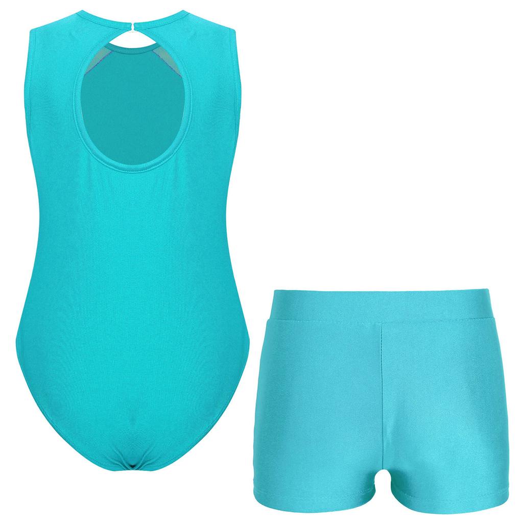 Girls Gymnastics Leotard Sparkly Rhinestones Keyhole Back Patchwork Sleeveless Bodysuit Shorts Set
