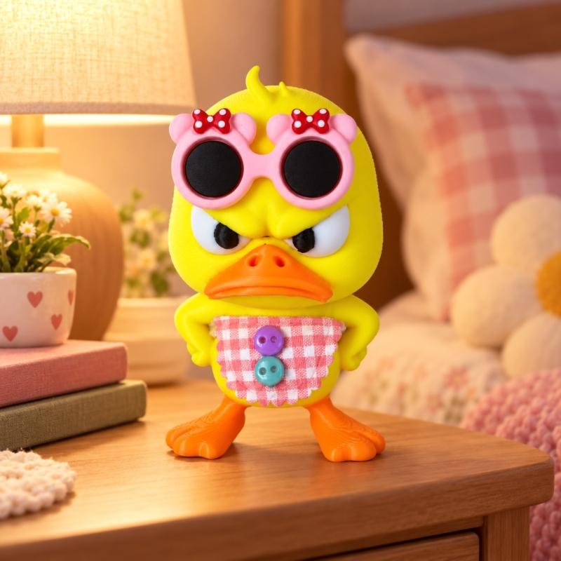 Angry Duck Statues, 2-Piece 3D-Printed Animal Figurines Set Wearing Pink Bowknot Sunglasses and Gingham Aprons for Tabletop Shelf Displays