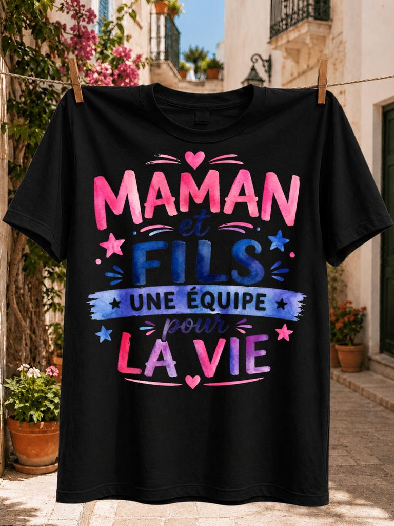 Mom And Son A Team For Life French Quotepink Blue Hand Lettering Stars And Heart Accents Heartfelt Unisex All Tshirt
