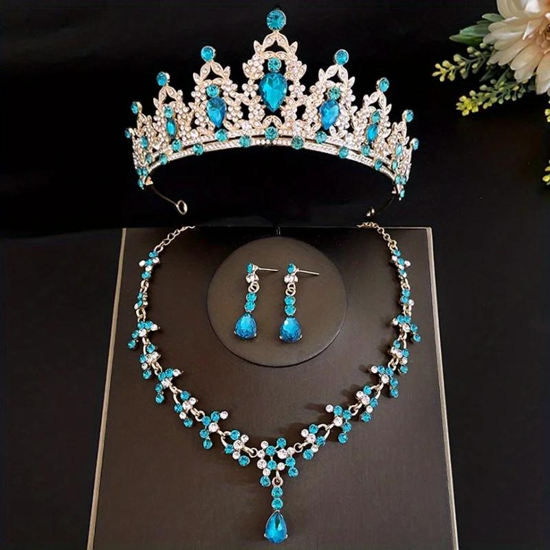 3pcs/set Crystal Bridal Tiaras And Crowns Earrings Necklace Jewelry Set For Women Bride RhinestoneWedding Hair Accessories Crown