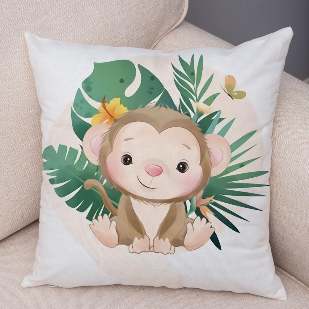 Cartoon Bird and Leaves Pillow Case Decor Cute Animal Lion Cushion Cover for Children Room Sofa Home Plush Pillowcase 45x45cm
