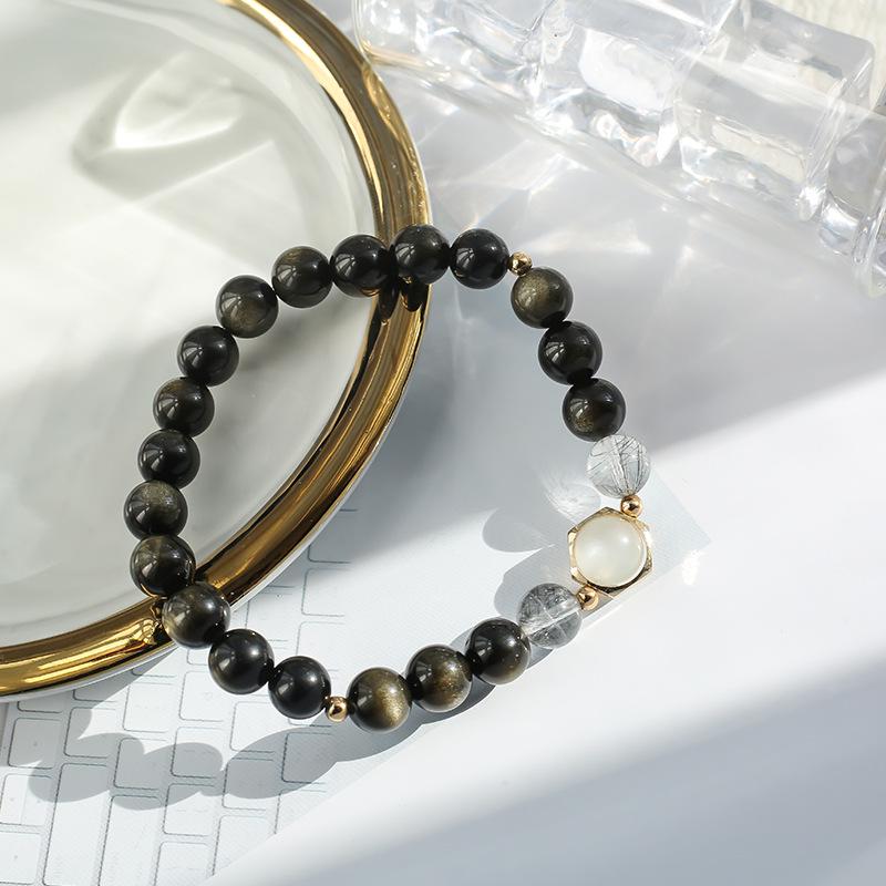 Brățări de cuplu din obsidian cristal natural: Pereche Lucrată Manual de Cuarț Rutilat Negru și Piatră Lunii