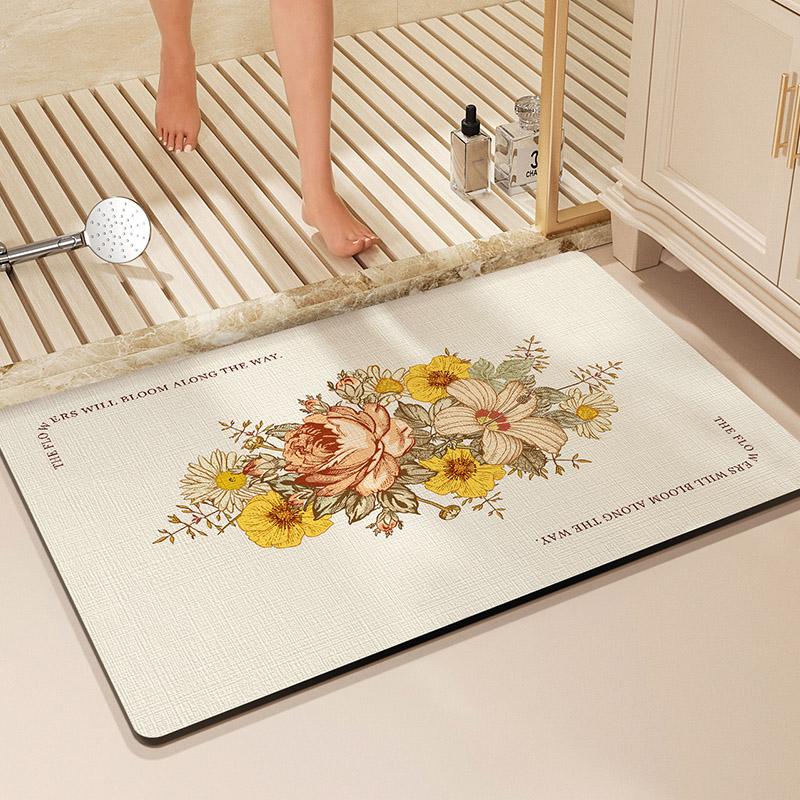 Flower Print Bath Mat Bathroom Super Absorbent Foot Mats Non-Slip Quick Dry Shower Pad Toilet Carpet Doormat Washable