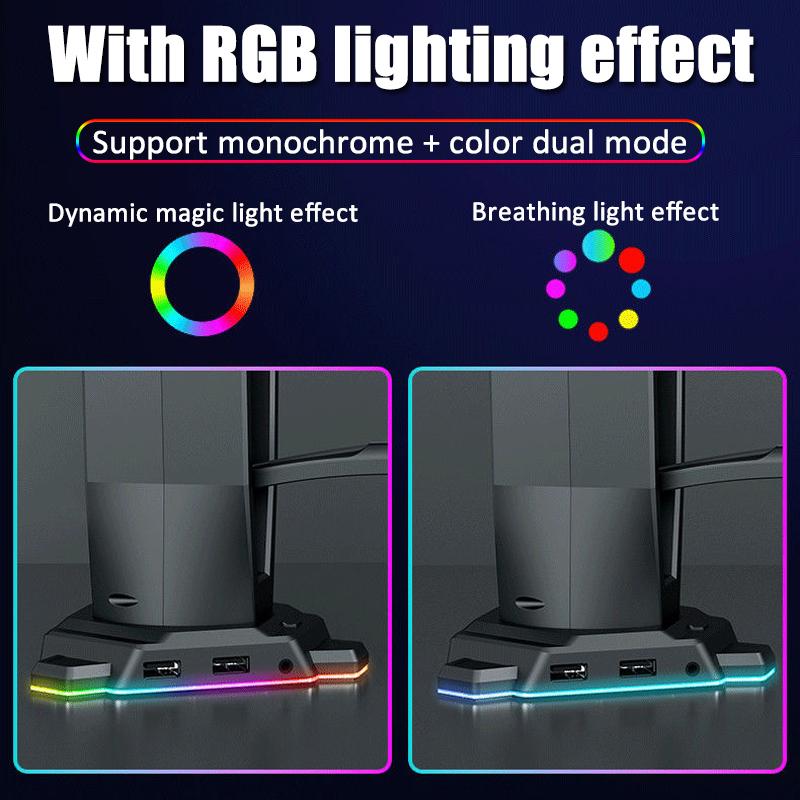RGB Headphones Stand Over-ear Headset Holder Desktop Gaming Earphones Display Shelf with 3 USB 3.0/3.5mm Ports/Mouse Cable Clip