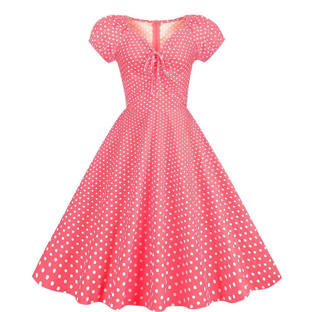 Damen Hepburn-Stil Retro Rock mit Puffkurzärmel Polka Dot Druck Großzügiger Rocksaum Kleid