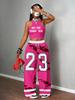 Trendige Marke Streetstyle Kontrastfarben Bedruckte Weste Weitbeinige Hosen Set Lässig Spice Girl Stil Dünnes Zweiteiler Set