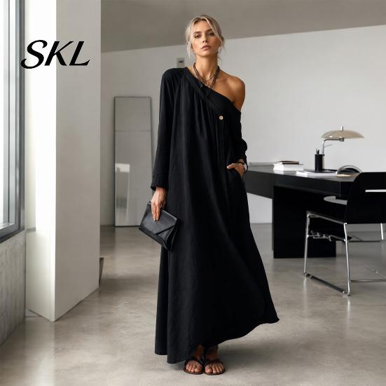 Polyester Dress Women Summer Maxi for Women, Casual Loose One Shoulder Long Sleeve Dress, Flowy Beach Vacation Sundress wwith Pockets Elegant